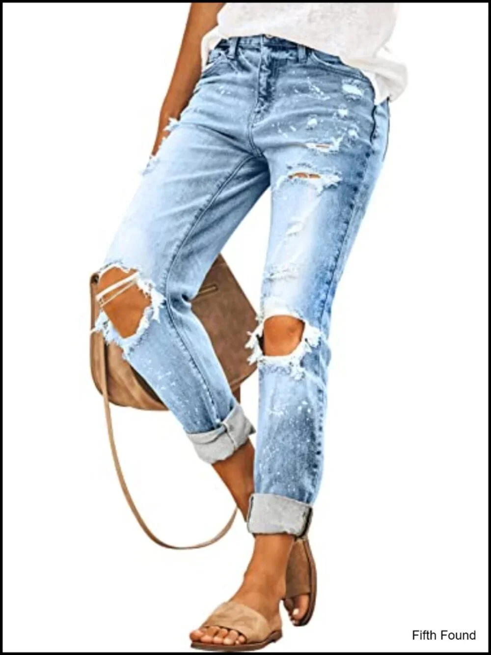 Women's Ripped Mid Waisted Boyfriend Jeans Loose Fit Stretchy Denim Pants